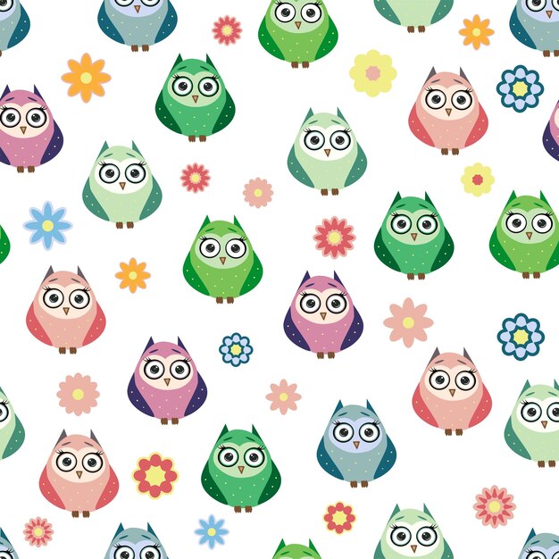 Cute multicolored owls and flowers in cartoon style childish seamless pattern newborn Creative childish background for fabric textile