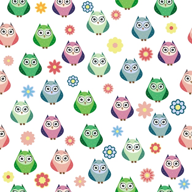 Cute multicolored owls and flowers in cartoon style childish seamless pattern newborn Creative childish background for fabric textile