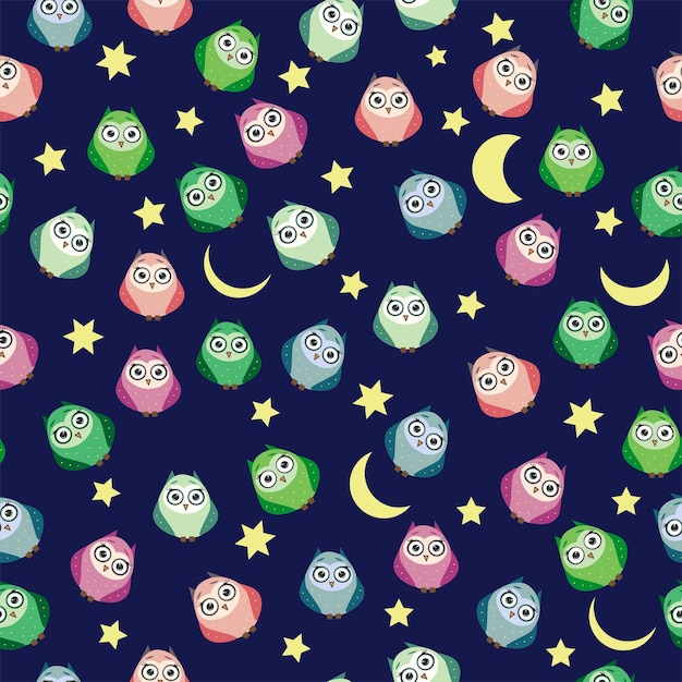 Cute multicolored owls at night with stars clouds and moon Seamless pattern in cartoon style childish seamless pattern newborn