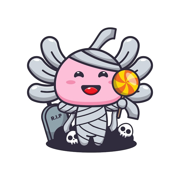 Cute mummy axolotl holding halloween candy. 
Cute halloween cartoon illustration.