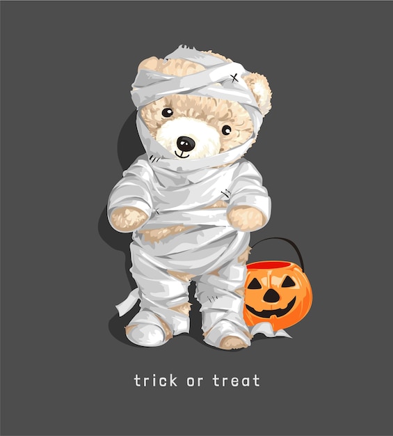 트릭 또는 치료 슬로건이있는 귀여운 미라 곰 인형