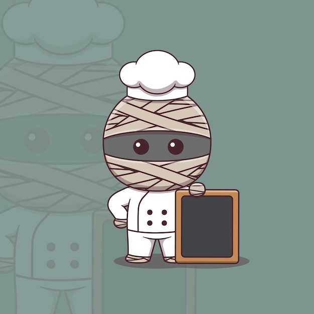 Cute mummy chef standing beside an empty signboard