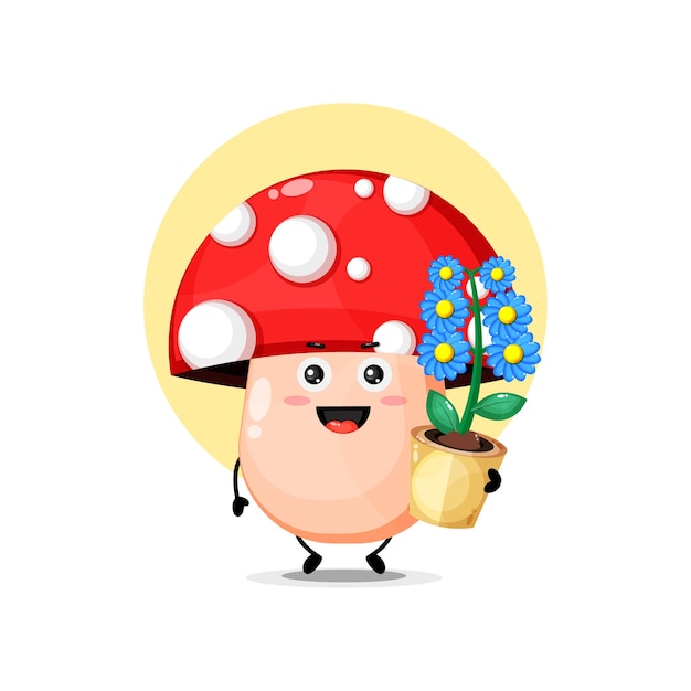 Vector cute mushroom character carrying flowers