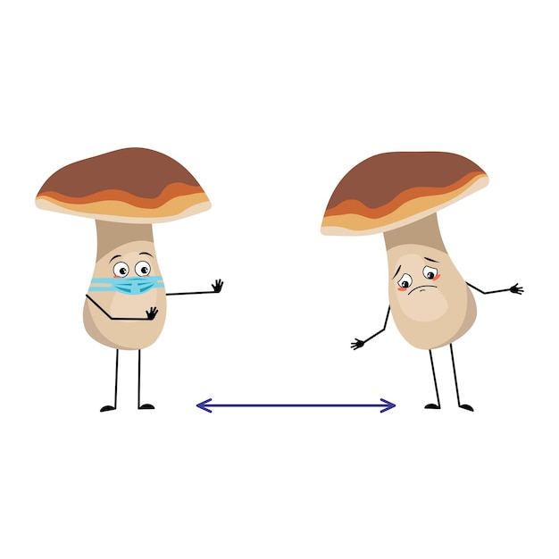 Cute mushroom character with sad emotions face and mask keep distance arms and legs a funny healthy ...