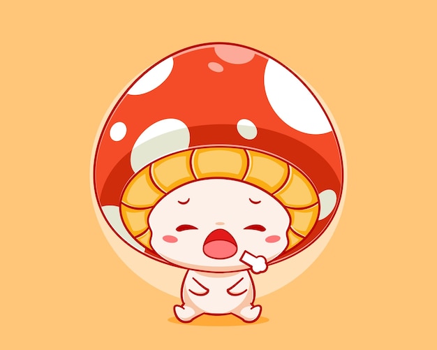 Vector cute mushroom getting tired cartoon illustration