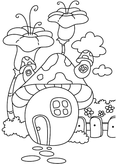 아이들을 위한 귀여운 버섯 집 색칠 페이지 벡터