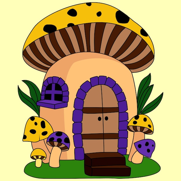 Una casa dei funghi carina con foglie e un piccolo fungo decorato da colorare illustrazione grafica vettoriale