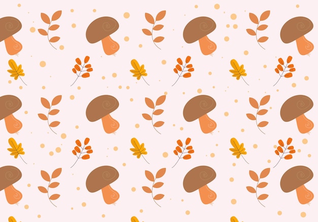 귀여운 버섯 원활한 원활한 디자인 벡터 패턴 평면 스타일 잎 나뭇가지