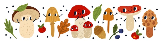 Cute mushrooms characters Funny anthropomorphic fungi Cartoon edible and poisonous forest organisms with faces and hands Autumn leaves and berries Vector woodland fungus mascots set