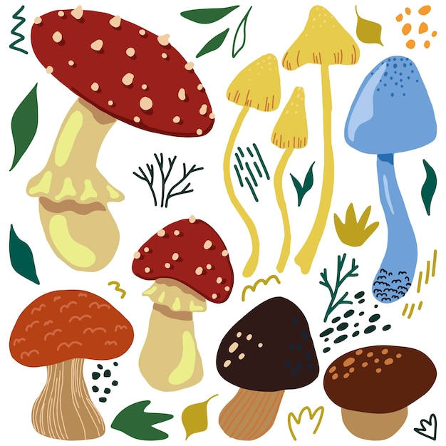 Cute mushrooms flat hand drawn vector illustration. colorful collection in scandinavian style. autumn forest harvest simple elements set for design.