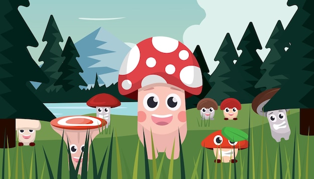 Vector cute mushrooms in forest chanterelles amanita champignons porcini boletus cartoon cute funny childish characters mushrooms at the meadow vector cartoon flat characters background