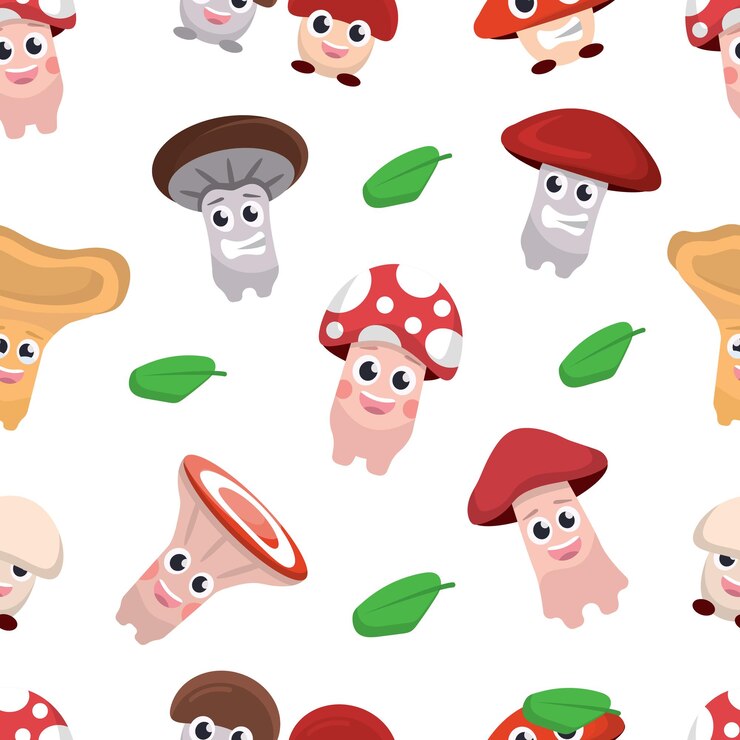 Cute mushrooms pattern boletus chanterelles amanita champignons porcini cartoon cute funny childish characters mushrooms with different emoji vector cartoon flat characters seamless pattern