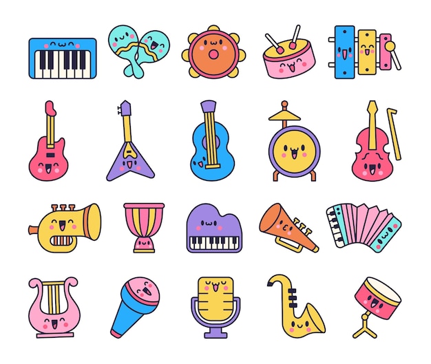 Cute musical instruments with happy face Cartoon kawaii character Funny music stuff