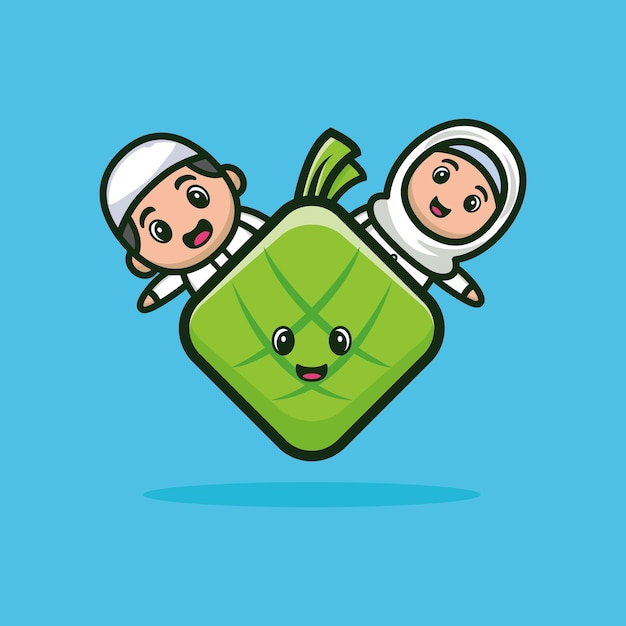 Vector cute muslim boy and girl couple with cute ketupat cartoon vector icon illustration