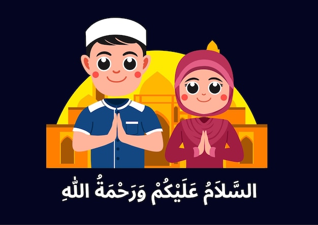 Cute muslim boy and girl greeting assalamualaikum pose