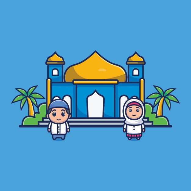 Vector cute muslim boy and girl vector design illustration people religion concept premium vector