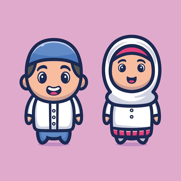 Cute muslim boy and girl vector illustration Ramadhan mascot cartoon character