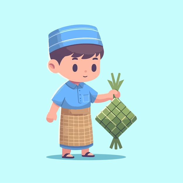 cute muslim boy holding ketupat for eid day