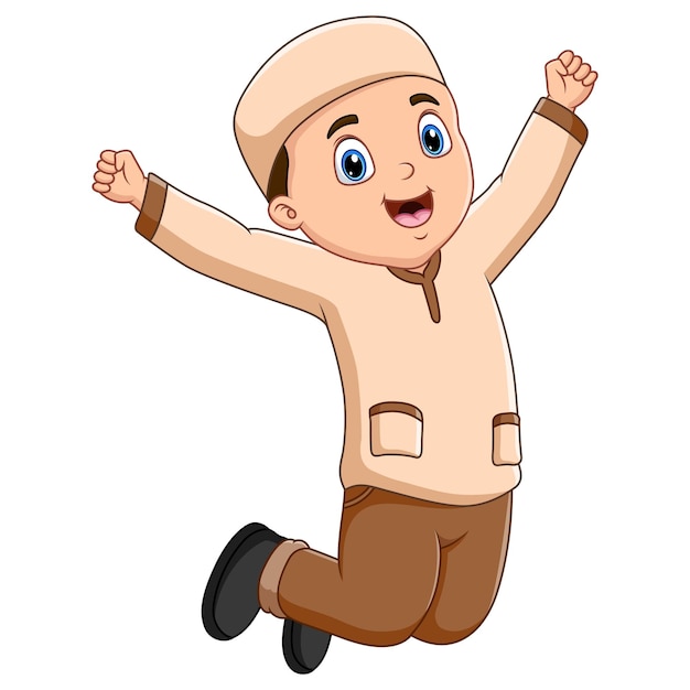 Vector cute a muslim boy jumping on white background