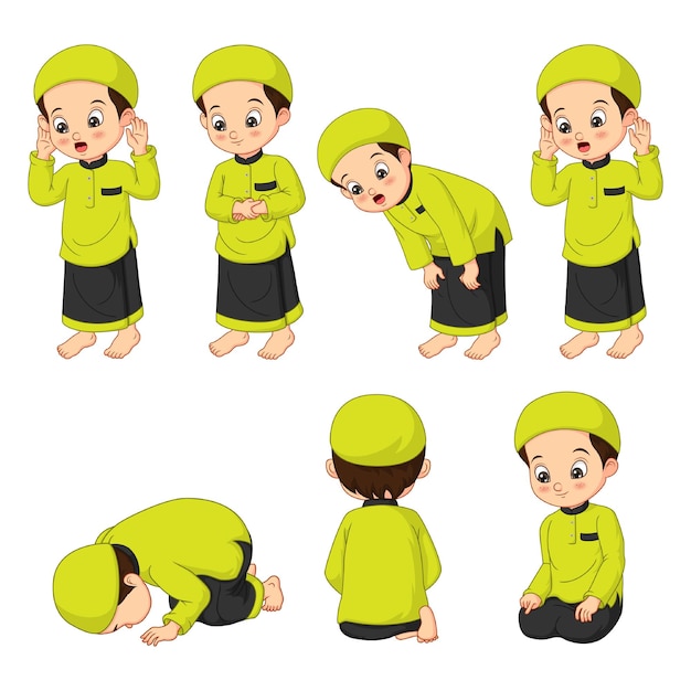 Cute muslim boy perform prayer steps