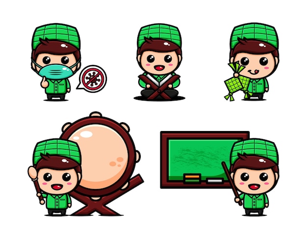 Cute muslim boy with many expression. islamic character cartoon