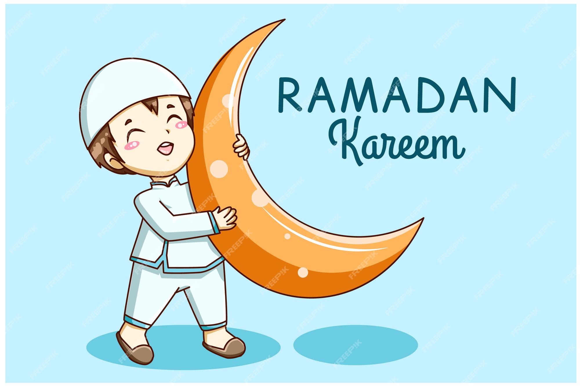 Premium Vector | Cute muslim boy with moon ramadan mubarak cartoon  illustration