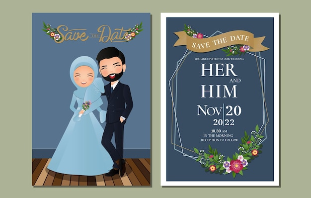 Cute muslim bride and groom.wedding invitations card.