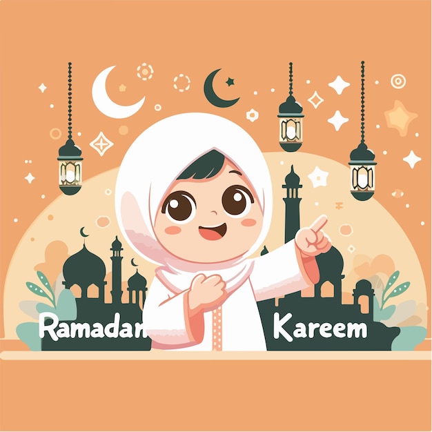 Vector cute muslim child is expressing pointing