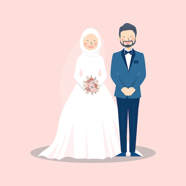 Cute muslim couple portrait illustration standing in pose on pink