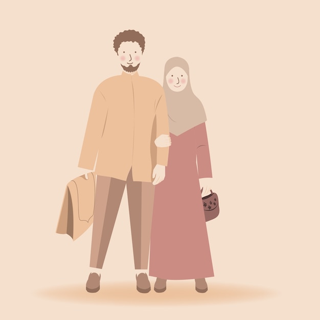 Vector cute muslim couple ready to go to praying together bring prayer mat sajadah and mukena