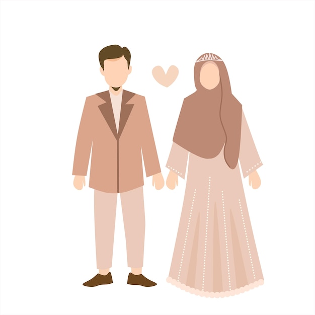 Cute muslim couple wearing hijab cartoon character for wedding illustration