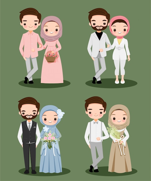 結婚式のためのヒジャーブの漫画のキャラクターを着てかわいいイスラム教徒のカップル