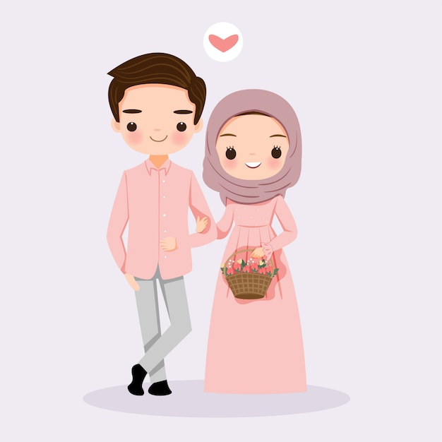 Premium Vector | Cute muslim couple with flower