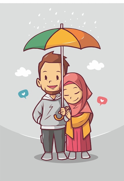 Premium Vector | Cute muslim couple with umbrella