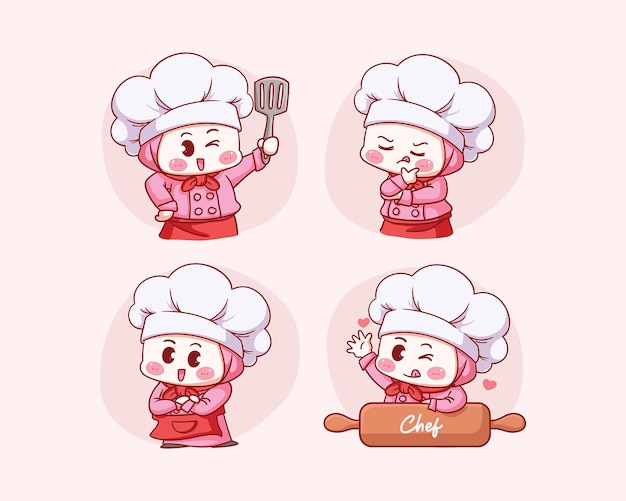 Vector cute muslim female chef wearing hijab holding spatula thinking crossed hand and with rolling pin