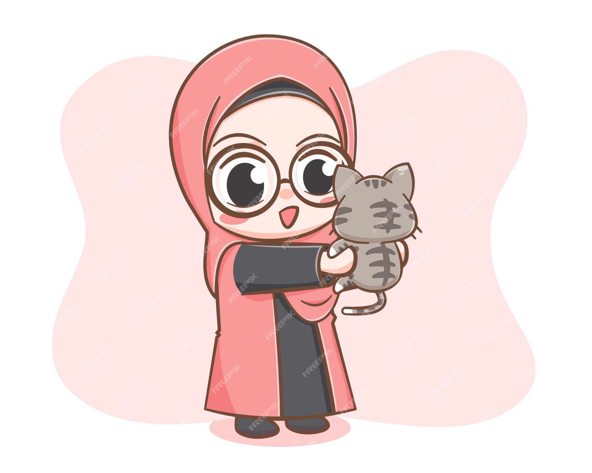 Premium Vector  Cute a muslim girl and a cat cartoon illustration