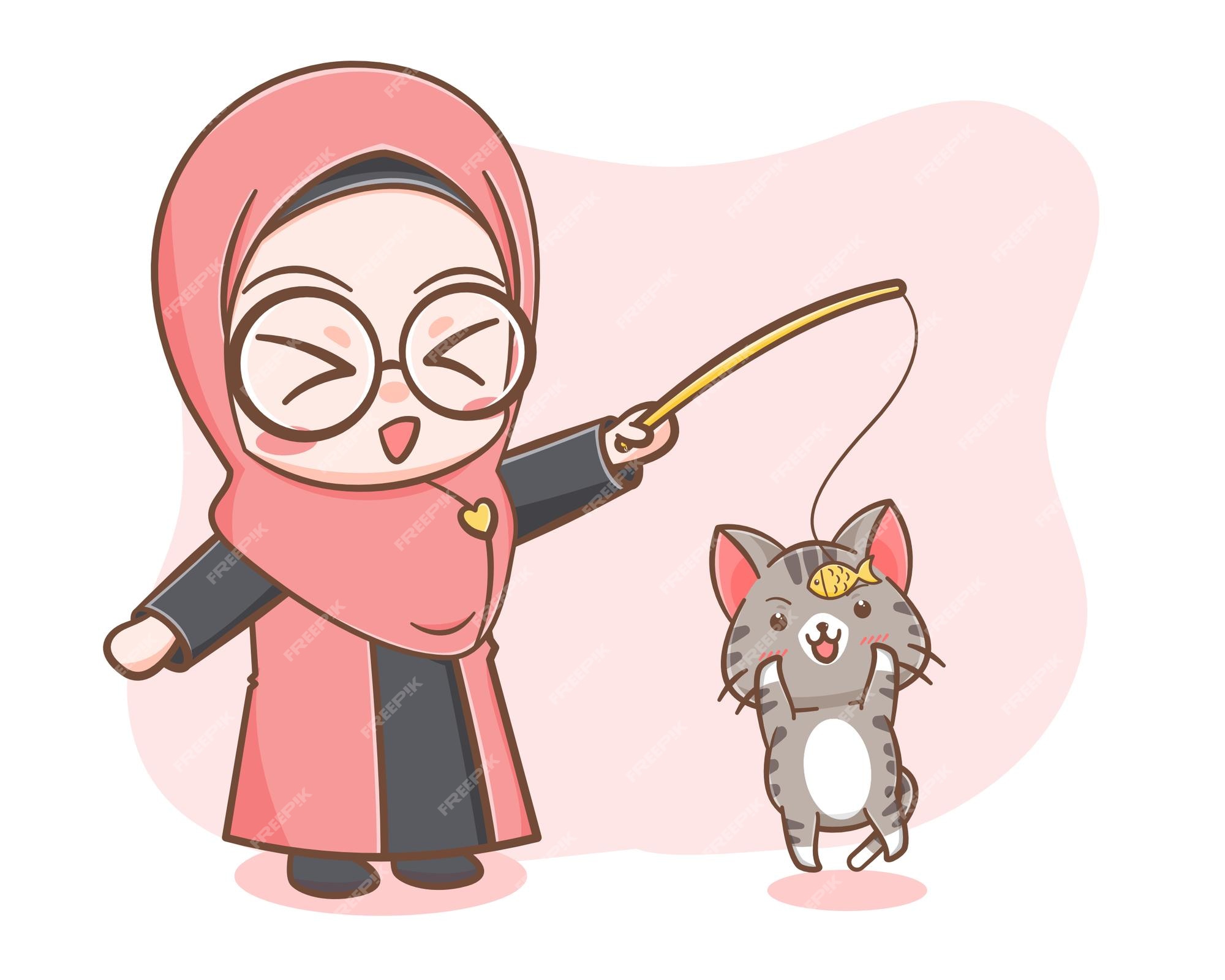 Premium Vector  Cute hijab girl studying with cat cartoon art illustration