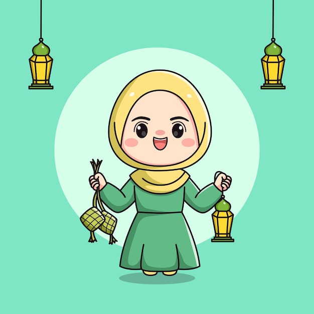 Cute muslim girl character holding lantern and ketupat