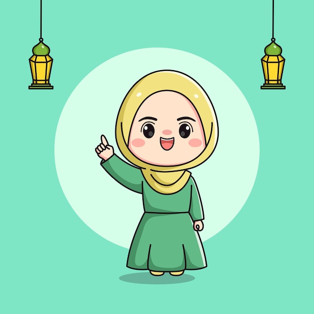 Cute Muslim girl character with index finger up