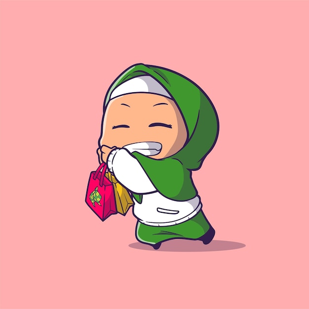 식료품에 행복을 느끼는 귀여운 이슬람 소녀