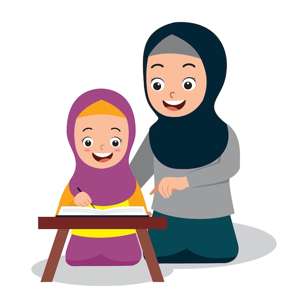 Cute muslim girl learning to read quran with her mother