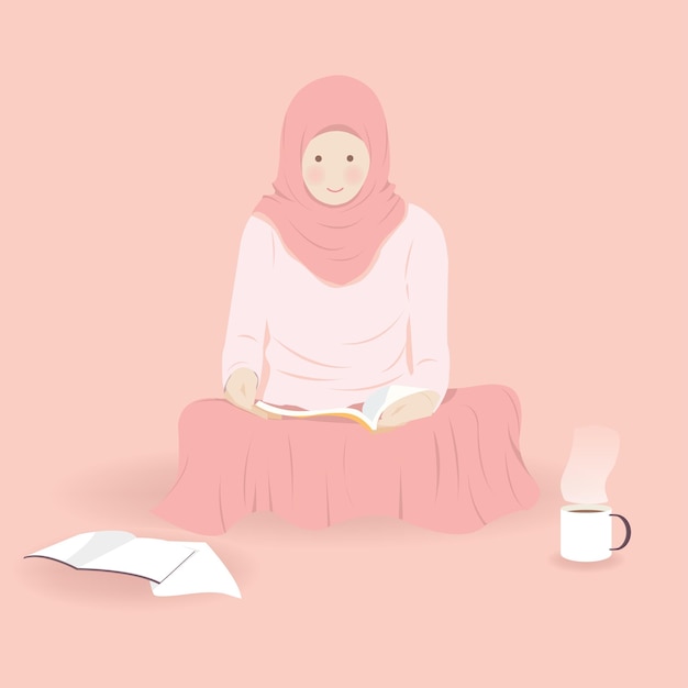 Cute muslim girl reading a book in a room with beverage