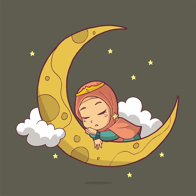 Cute Muslim girl sleeping on the moon at night.