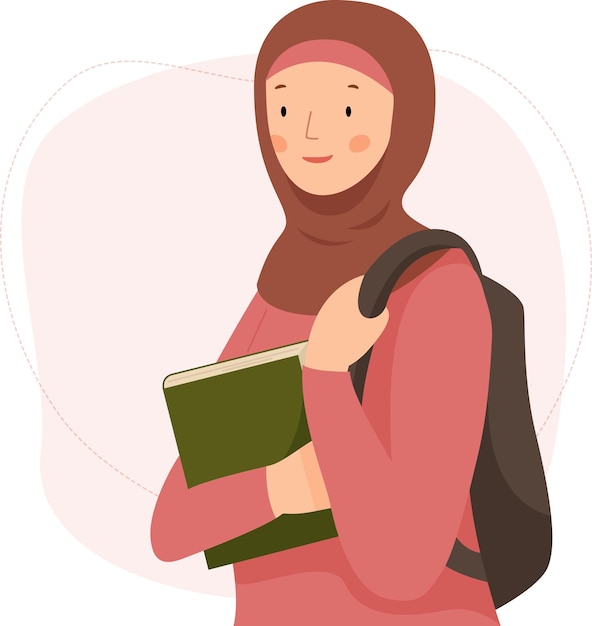 Vettore studentessa musulmana sveglia con lo zaino che tiene un libro donna araba in hijab che studia all'università