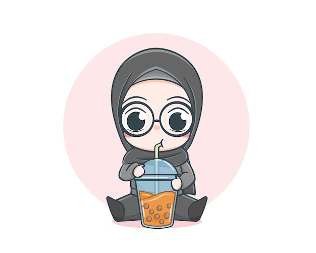 Cute muslim girl wearing sweater with drinking bubble tea cartoon illustration