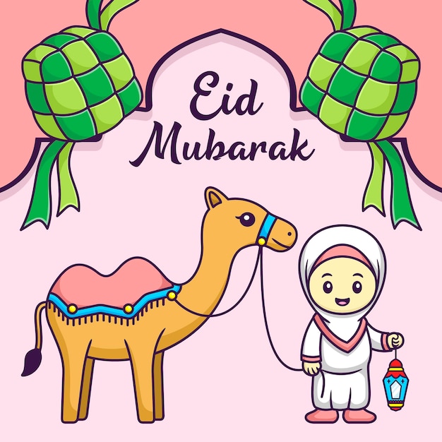 Carina ragazza musulmana con un cammello in cartoon eid mubarak illustrazione vettoriale concetto di stile piatto