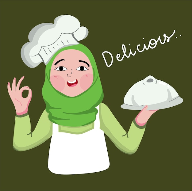 Vector cute muslim hijab girl chef