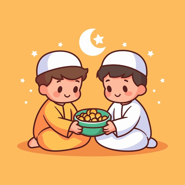 Vector cute muslim illustration of breaking the fast with flat vector concept