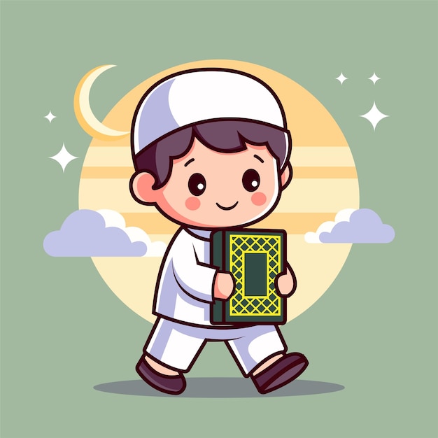 Vector cute muslim illustration with the quran of the month of ramadan with a flat vector concept