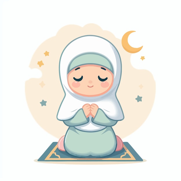 Vector a cute muslim kid pray and iftar in ramadan month